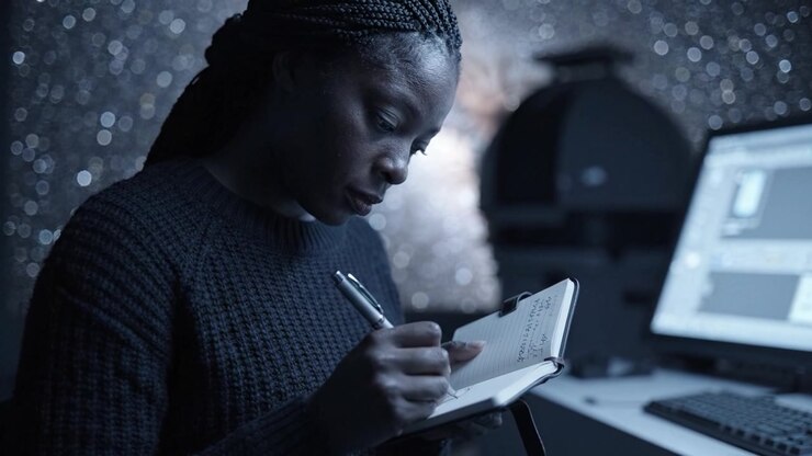 Focused Researcher Analyzing Data and Making Notes in a Dark, Starry Environment while Utilizing Technology for Scientific Exploration and Discovery