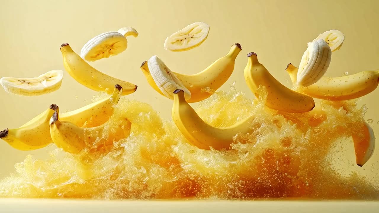 Dynamic Bananas Splashing in Yellow Liquid