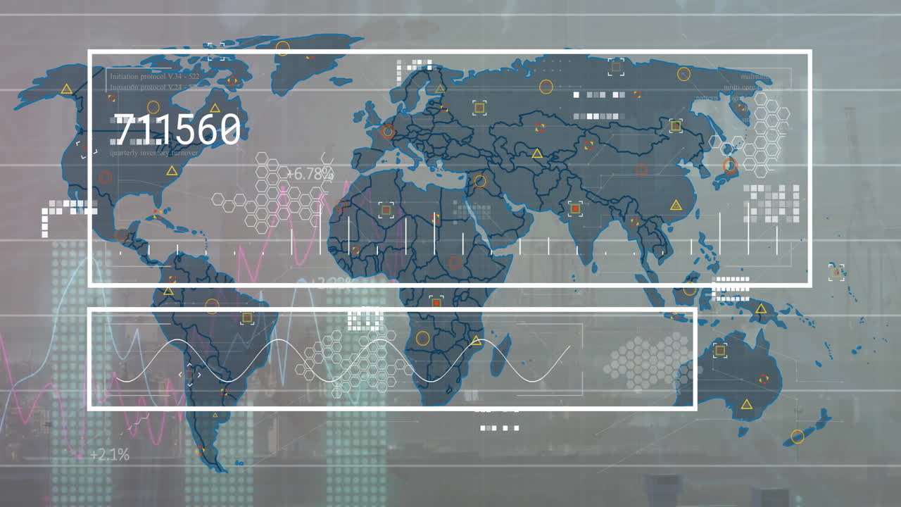 Animation of data processing over world map on white background