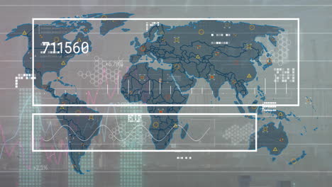 animación del procesamiento de datos sobre el mapa del mundo sobre fondo blanco.