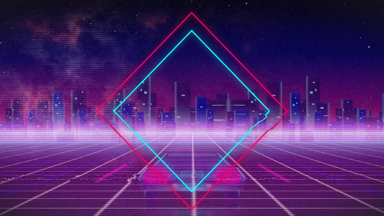 Animazione in stile Retro Synthwave con cornice a diamante al neon e paesaggio urbano