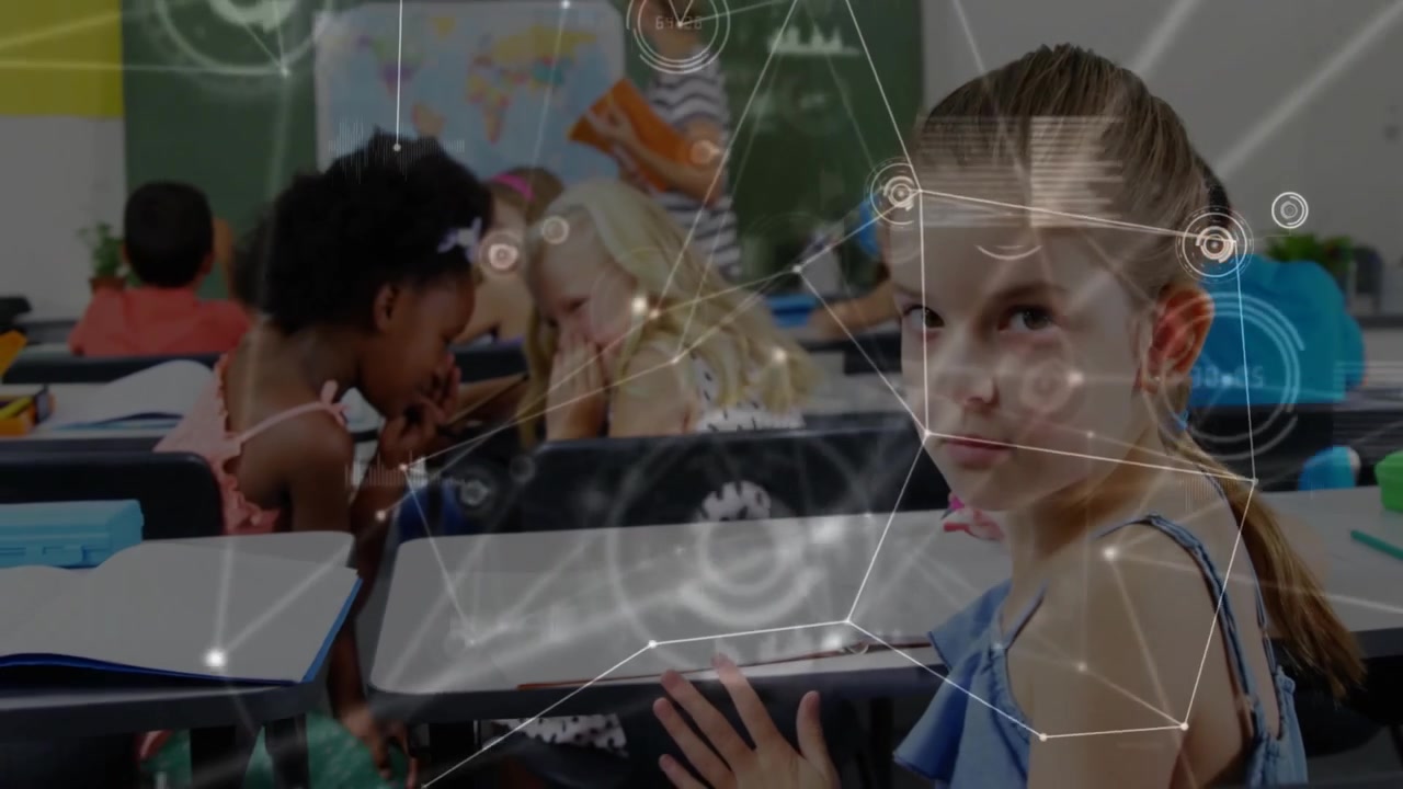 Teacher pointing classroom map with network overlay centering braided girl highlighting engagement
