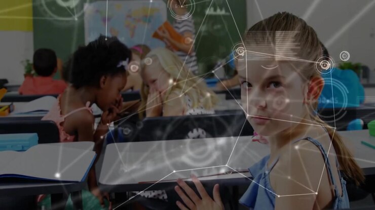 Teacher pointing classroom map with network overlay centering braided girl highlighting engagement