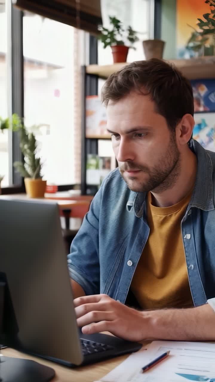 Young bearded businessman working with laptop in home office.