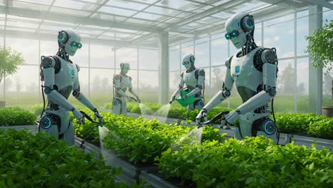 a futuristic scene of robots cultivating plants in a greenhouse environment, showcasing advanced agricultural technology and automation in sustainable growth practices