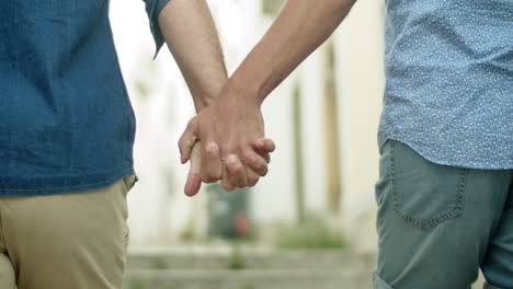 back view of two men holding hands while going upstairs