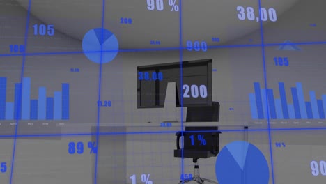 Animation-of-multiple-graphs-with-changing-numbers-over-unoccupied-chairs-and-desktop-in-office