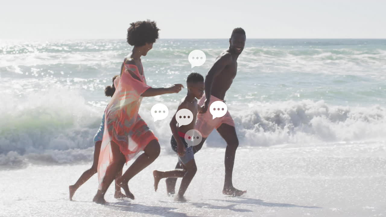 Family running along shoreline showcasing animated heart health chart and step count overlay