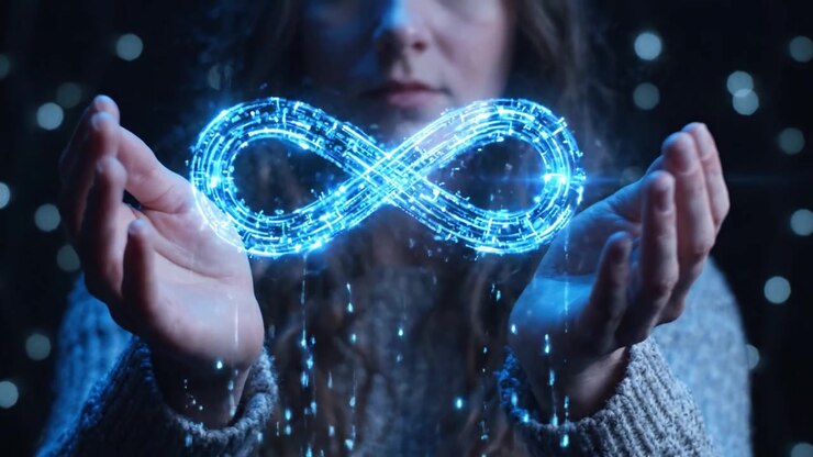 A mesmerizing visual representation of infinity held delicately in the hands of a person, symbolizing endless possibilities and the intertwining of digital and physical realms.