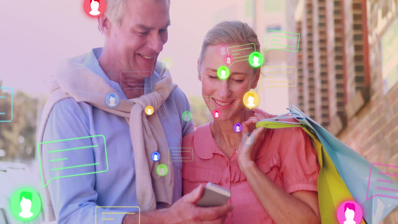 animación de iconos que caen sobre una pareja de ancianos caucásicos caminando