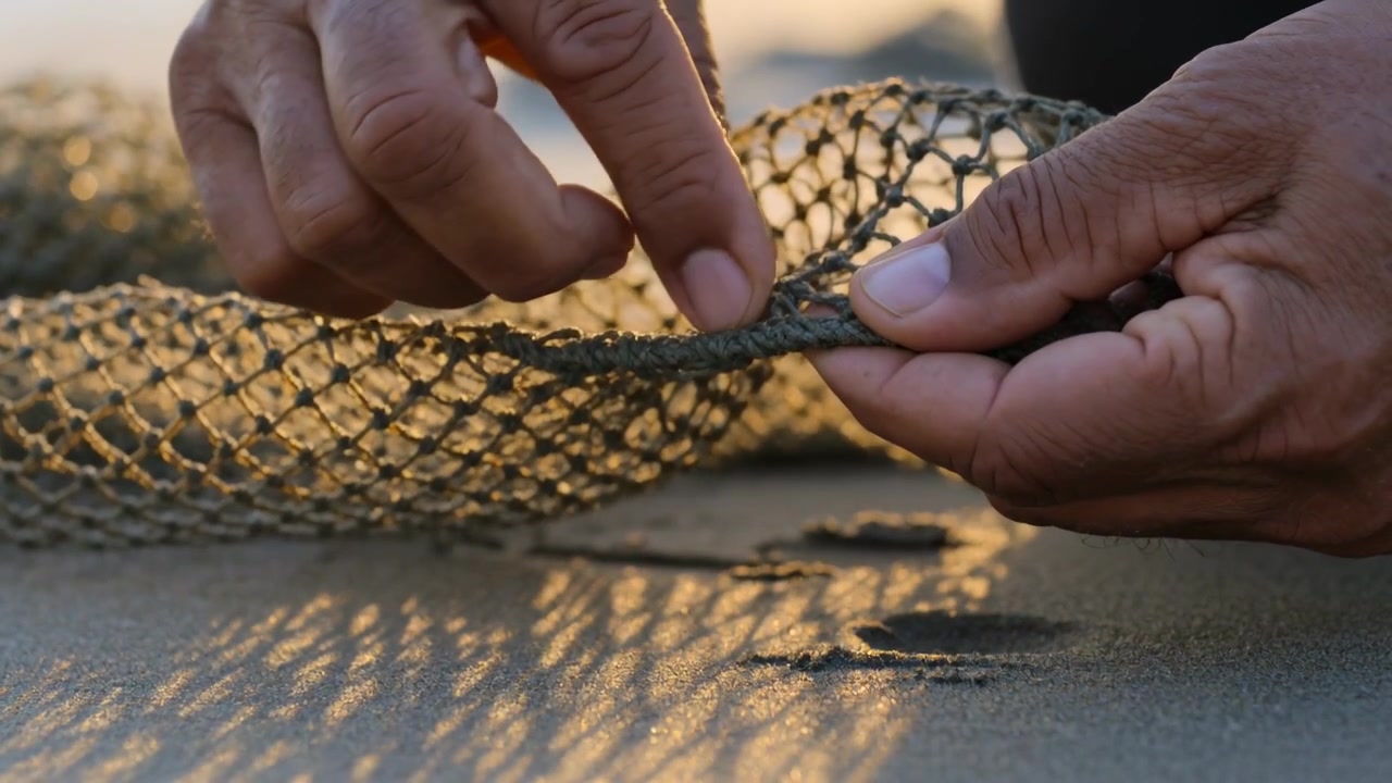 Pescatore che posa le mani con maniche scure sulla rete, sonda l'orlo della corda e verifica i danni sulla battigia