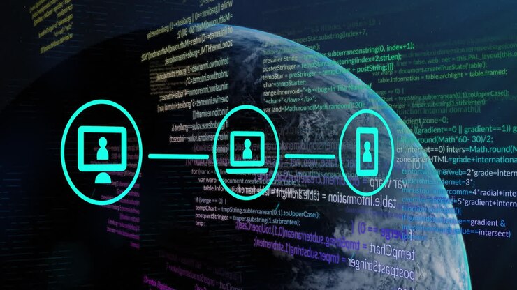 Анимация цифровых иконок и обработки данных над глобусом