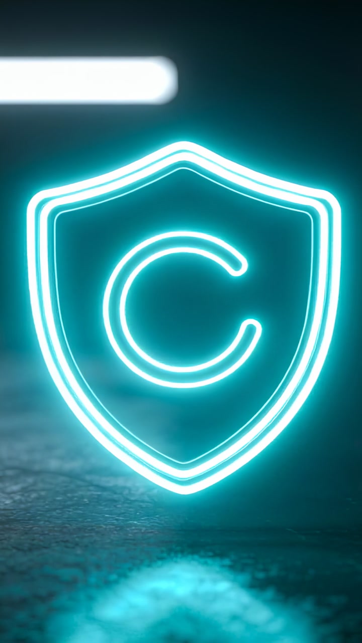 Vertical video: Pulsing cyan neon shield starting with inner C glowing on floor near white bar