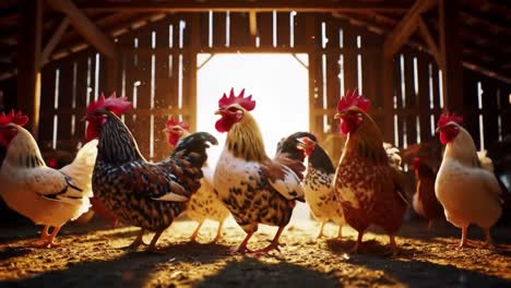 a colorful gathering of roosters and hens in a rustic barn, bathed in golden light, showcasing the beauty and charm of farm life