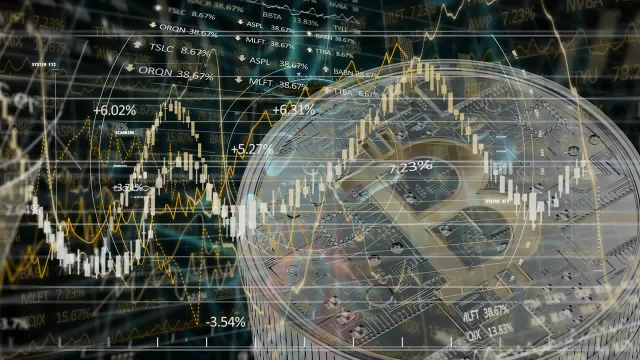 비트코인과 코로나 19 세포에 대한 금융 데이터 처리 애니메이션