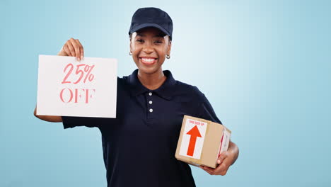 happy black woman, box and sign for discount