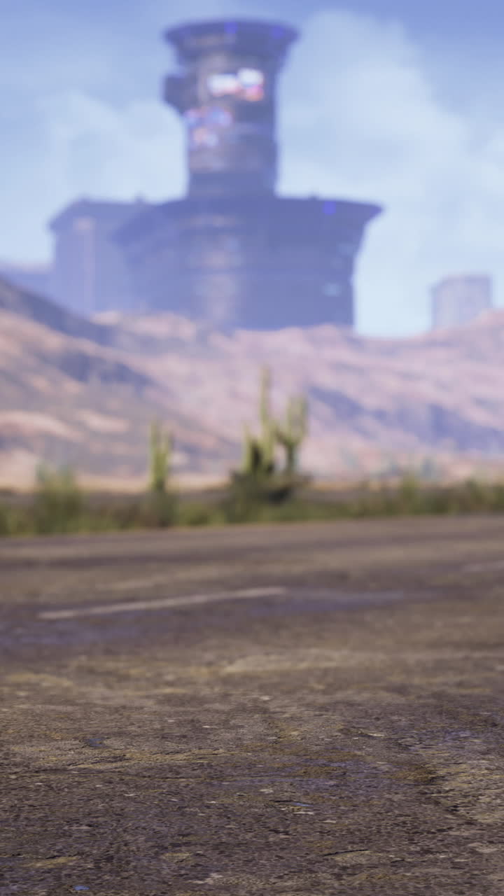 Desert landscape with abandoned buildings and a worn road in bright daylight