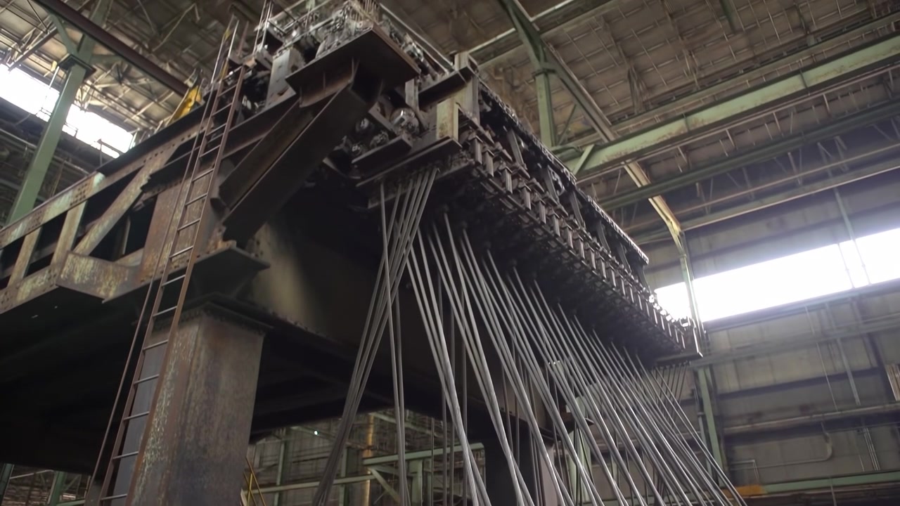 Cavi di sollevamento di fabbrica industriale che scendono, imponente gruppo di sollevamento in acciaio all'interno di un impianto di produzione obsoleto.