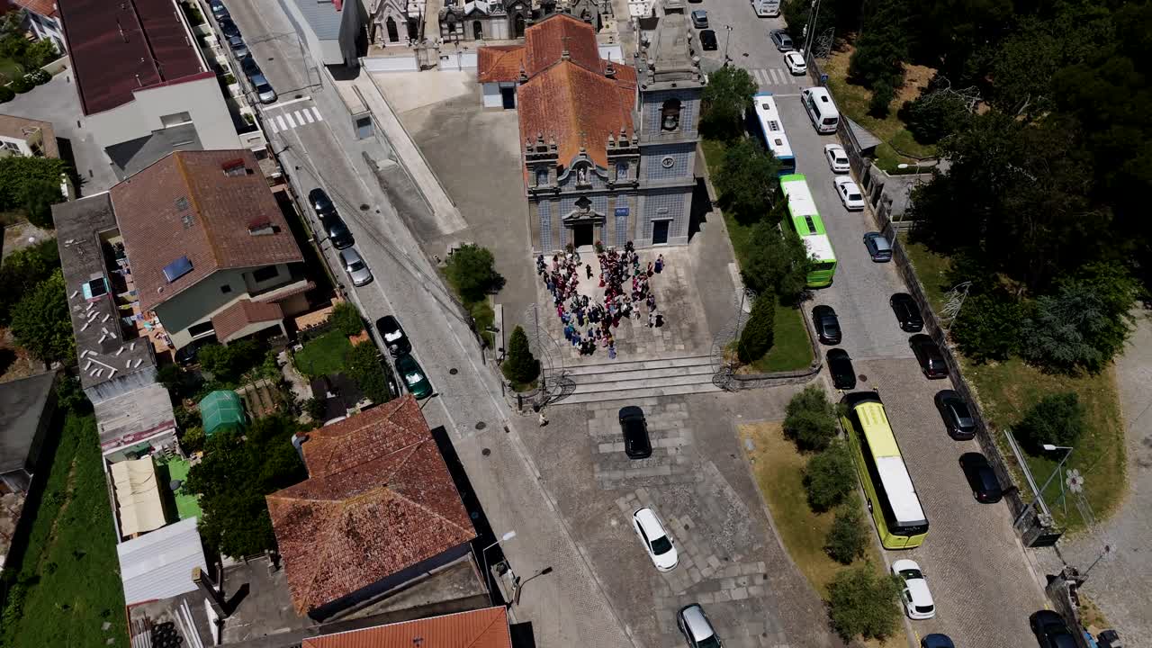 aerial - wedding guests gather at santuário de nossa senhora do bom despacho in maia portugal