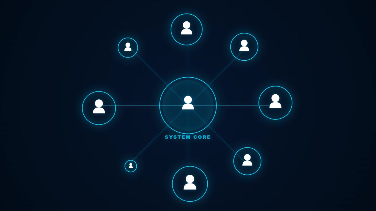 Digital Network Diagram Showing System Core Connecting to Multiple Users