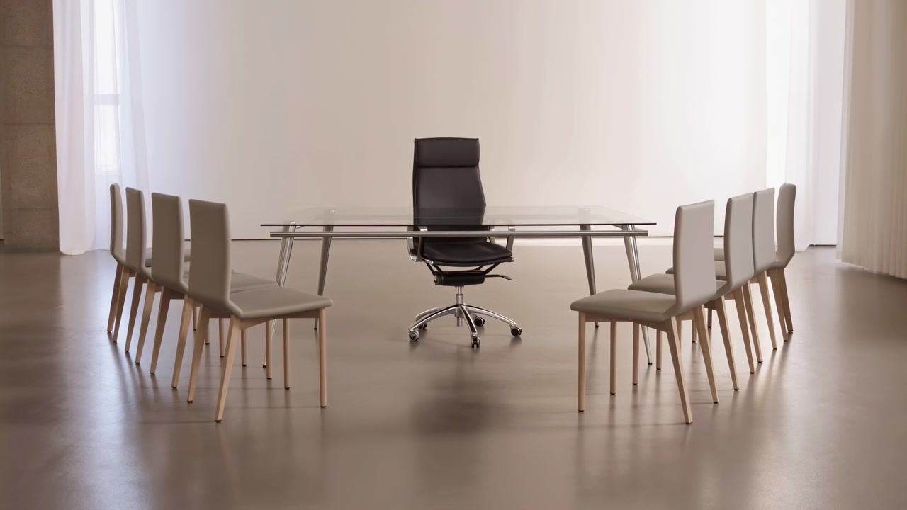 Empty Conference Room With Executive Chair, Minimalist Glass Table And Beige Guest Chairs, Soft Window Light