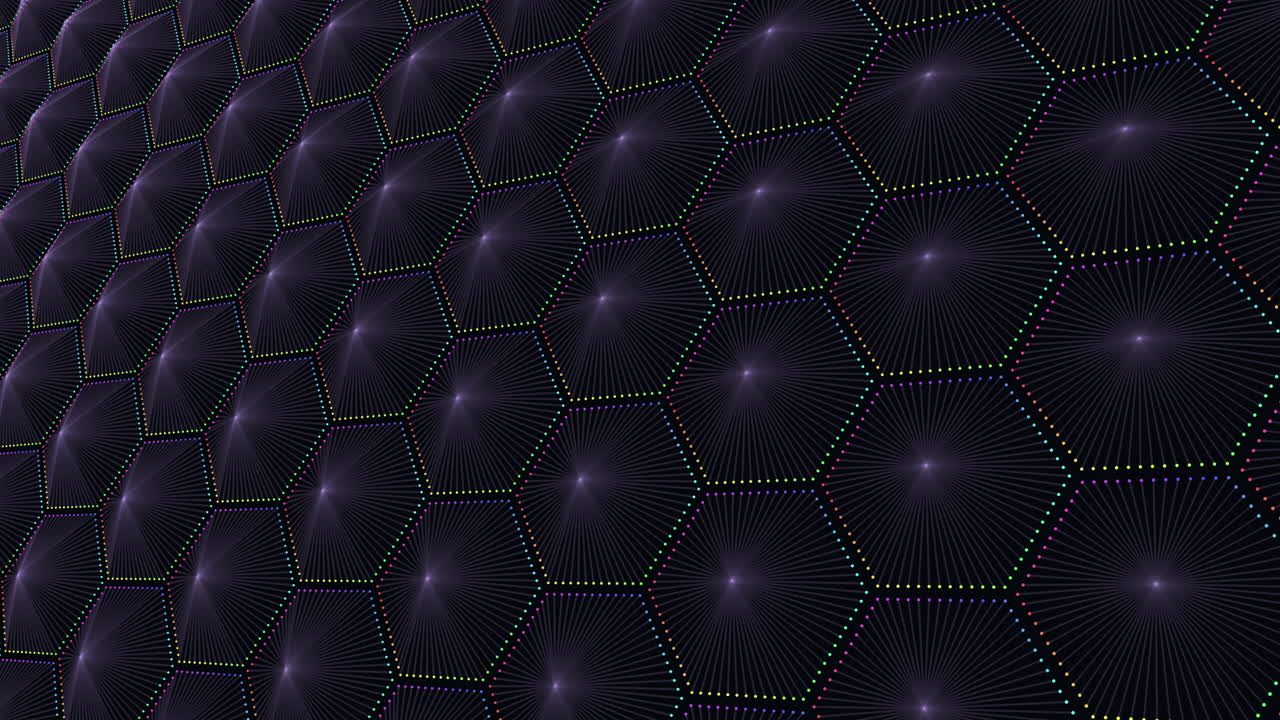 Grade de hexágonos futurista com pontos brilhantes e linhas radiais, fundo tecnológico abstrato