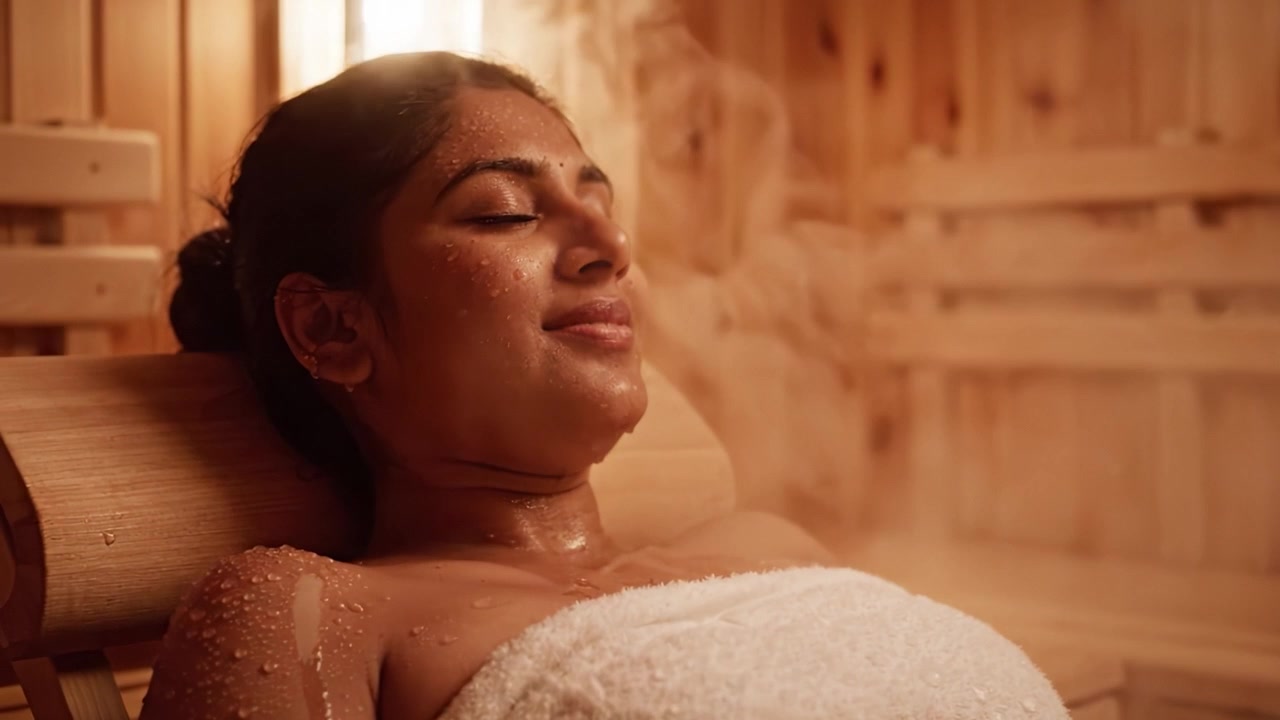 Relax e serenità in una sauna tradizionale: un viaggio verso il ringiovanimento e il sollievo dallo stress mentre l'acqua gocciola dalla pelle in un ambiente caldo e in legno.