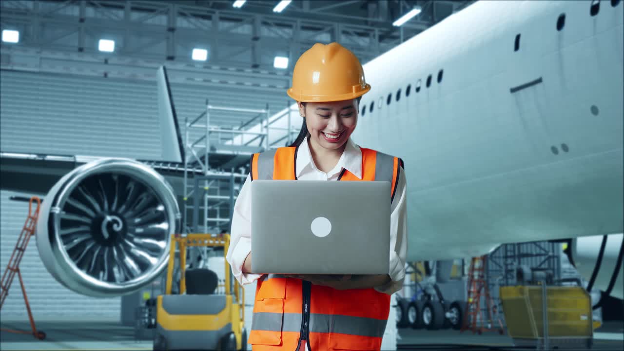 ingeniero de mantenimiento de aeronaves trabajando en una computadora portátil