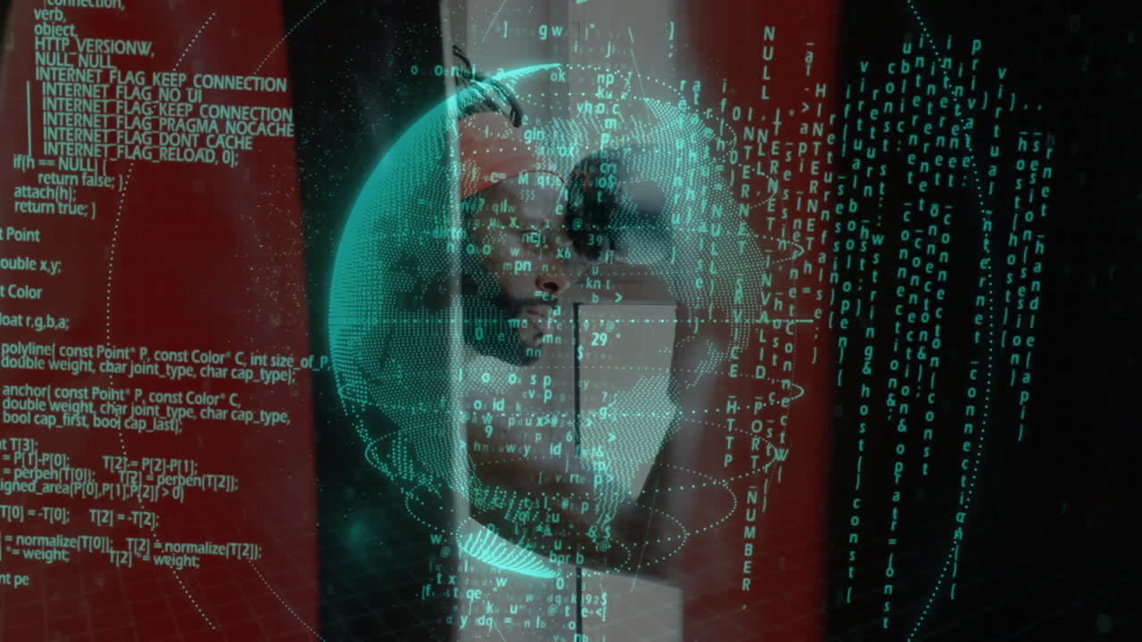 Man exploring cyber security technology, with animated green code overlay and holographic globe