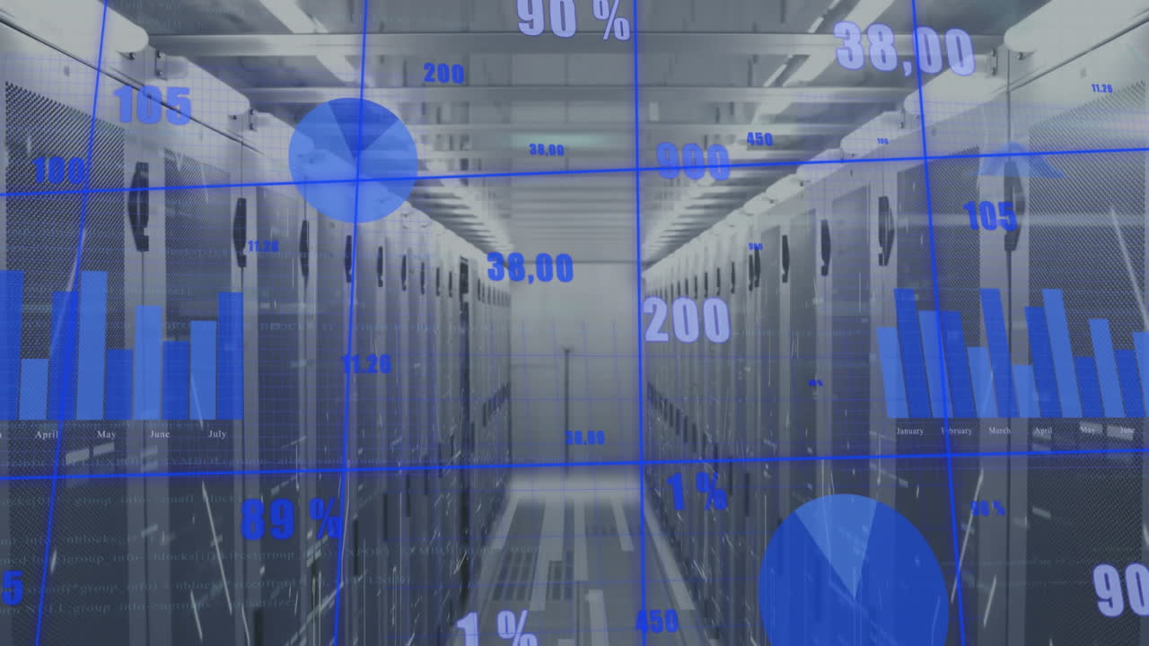 animación del procesamiento de datos estadísticos a través de la red de rejilla contra cuadrados de mosaico sobre la sala de servidores