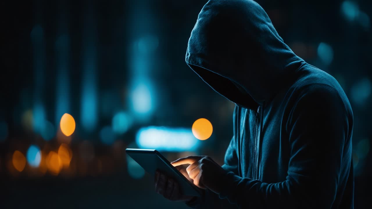 Una figura incappucciata interagisce con un tablet in un ambiente scarsamente illuminato, evocando temi di segretezza, tecnologia e coinvolgimento digitale in un contesto notturno