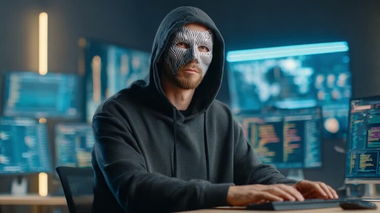 Una figura misteriosa con una felpa con cappuccio e una maschera a righe lavora intensamente a un computer circondata da monitor high-tech che visualizzano codice e dati