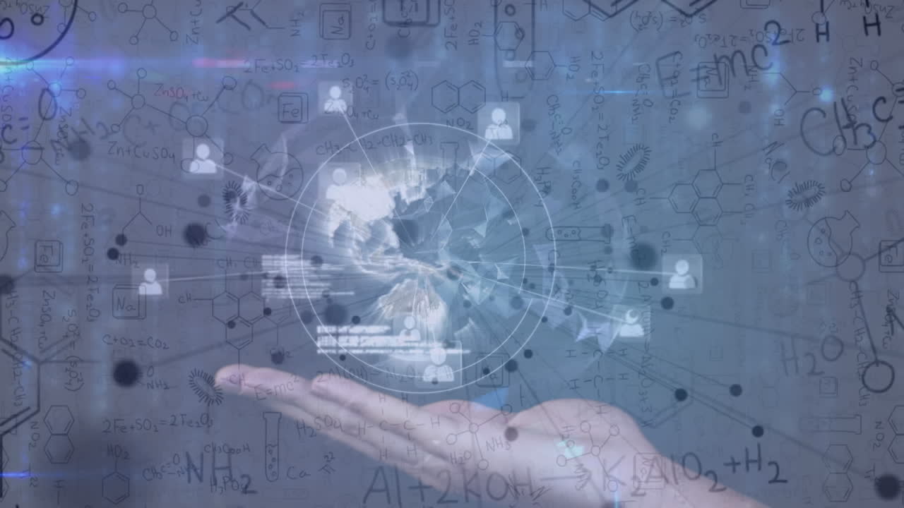 프로필 아이콘의 네트워크의 글로브가  ⁇ 색 배경의 화학 구조에 대해 손을 돌리고 있습니다.