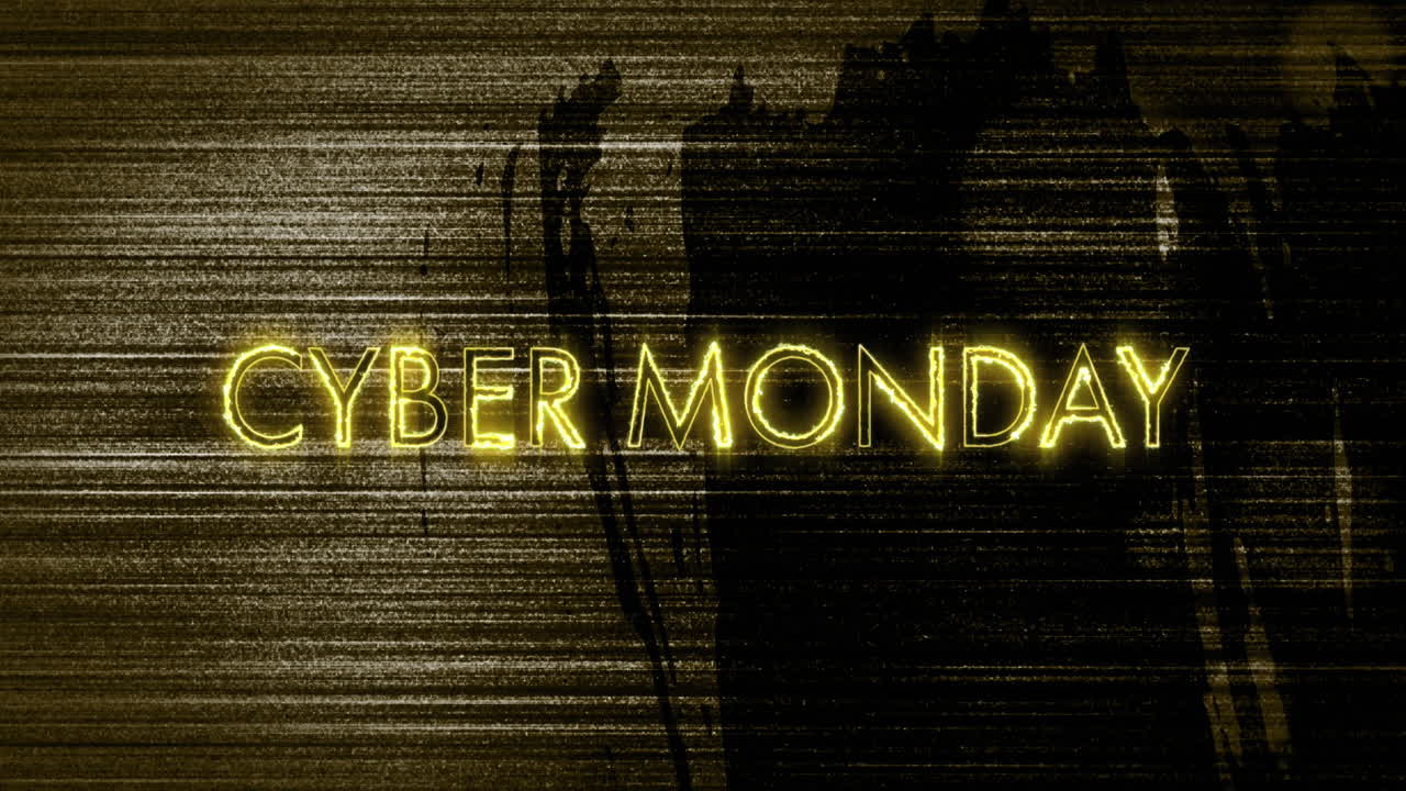 Animazione del testo 'Cyber Monday' in neon giallo su linee tremolanti su sfondo rovinato.