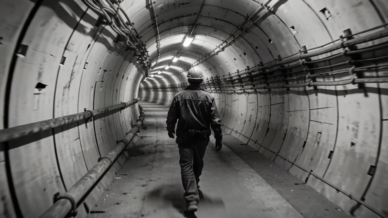 Gående bygningsarbejder går ind i tunnel, inspicerer buet korridor med hat og rør.