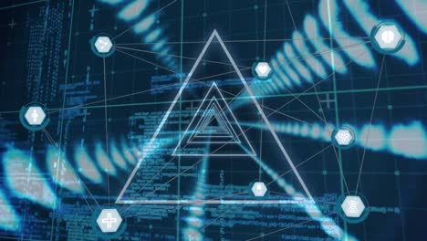 Animation-of-network-of-connections-and-neon-tunnel-over-data-processing