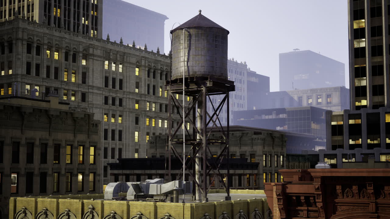 Urban skyline with water tower featuring buildings and city lights at dusk