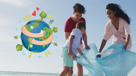 animación de abrazar el logotipo del globo sobre sonrientes padres hispanos e hijo recogiendo basura de la playa