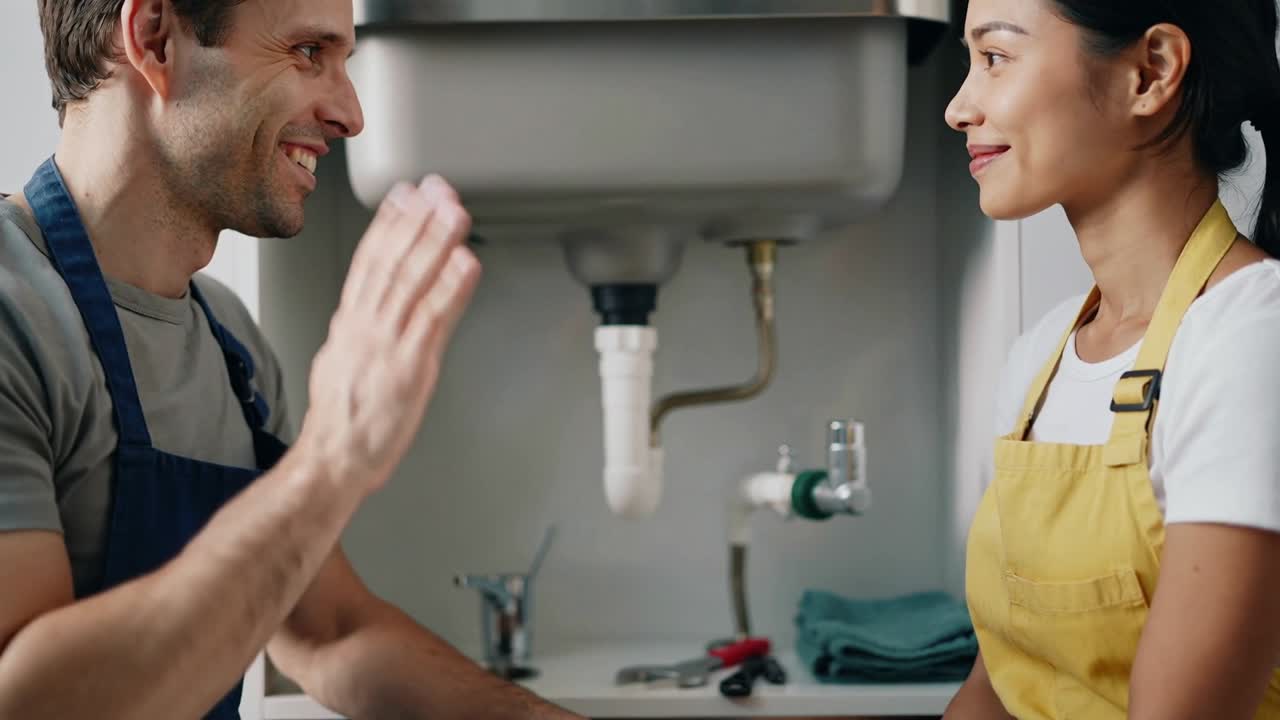 En mann fikser og justerer en hvit P-lås under vasken etter å ha oppdaget en lekkasje, mens en kvinne i gult forkle gir high-five.
