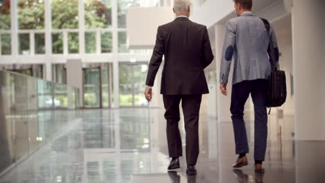 Rear-View-Of-Businessmen-Talking-As-They-Walk-Through-Office-Reception