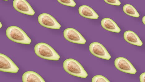 patrón de frutas coloridas de aguacates frescos en fondo púrpura. patrón sin costuras con aguacate. animación realista. movimiento de video 4k