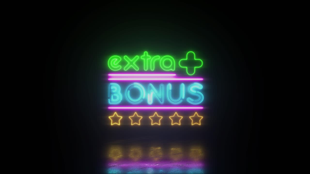 Extra bonus plus neon led text sign. Animation luminous light advertising banner