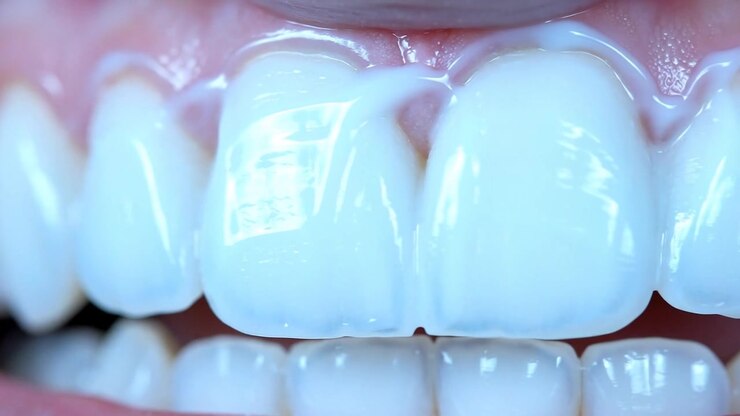 Primo piano di gel sbiancante applicato su denti bianchissimi con una lucentezza brillante sotto l'illuminazione clinica