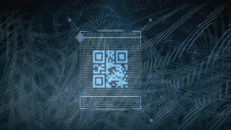 scanning qr code animation over abstract digital lines background