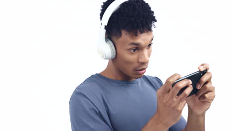 man, video game and phone with press in studio