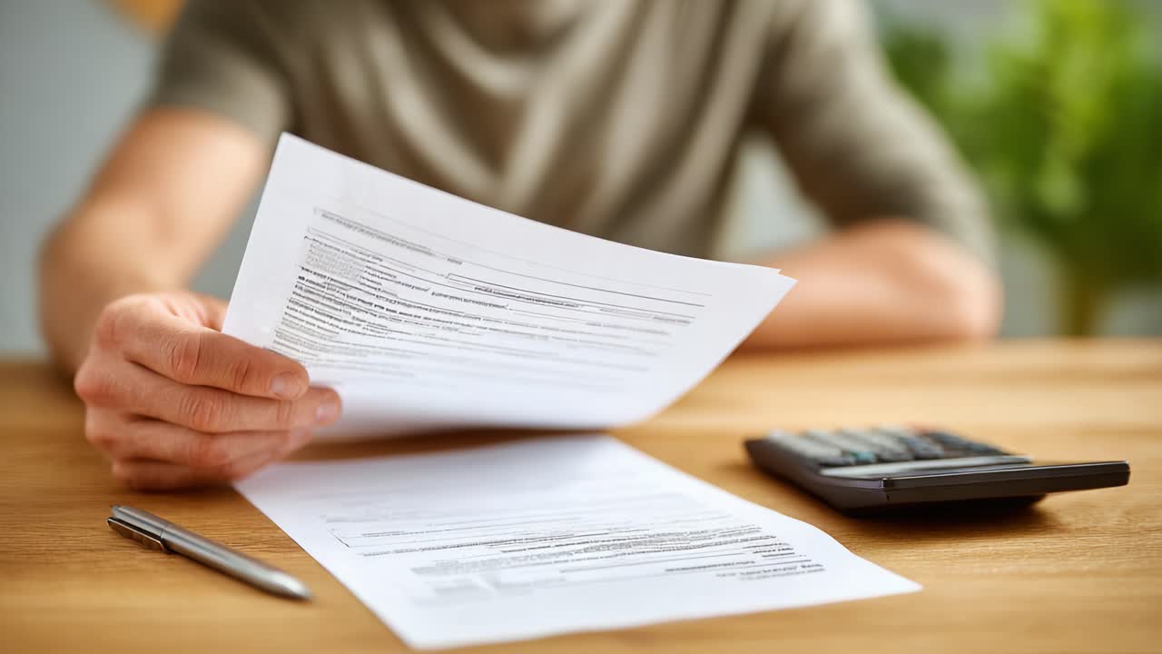 Una persona che analizza documenti importanti su un tavolo di legno, accompagnata da una calcolatrice e una penna, che illustra il processo di gestione della documentazione finanziaria e dei calcoli.