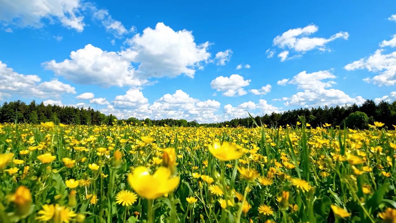 Vibrante Campo di Fiori Gialli sotto un Cielo Azzurro Luminoso con Nuvole Soffici: Una Scena Naturale Serena Catturata in Due Cornici con Bellissimi Fiori e Vegetazione Rigogliosa