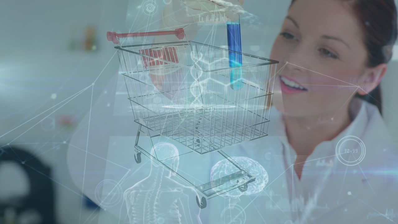 animación de un carrito de compras, procesamiento de datos de codificación binaria sobre una científica caucásica en el laboratorio