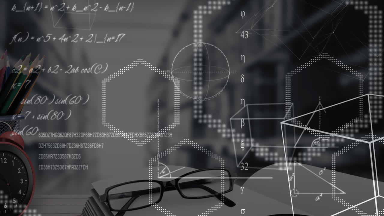 수업에서 학교 아이템에 대한 수학적 방정식의 애니메이션