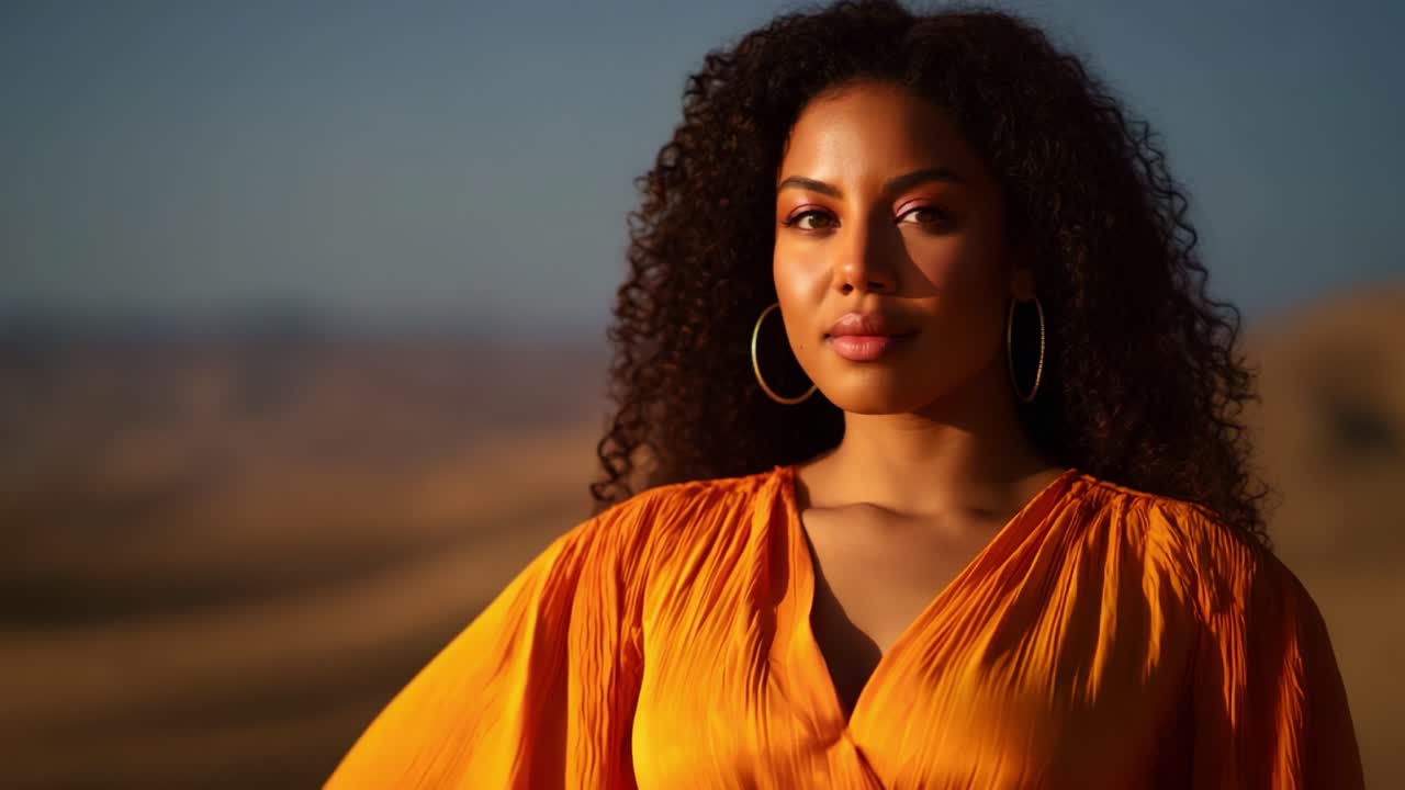Uma mulher confiante em um elegante vestido laranja posando graciosamente em uma impressionante paisagem desértica durante a hora dourada, irradiando empoderamento e beleza